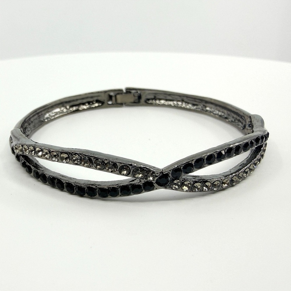 Vintage Gunmetal Tone Black Clear Rhinestone Hinged Bangle Bracelet Infinity 90s